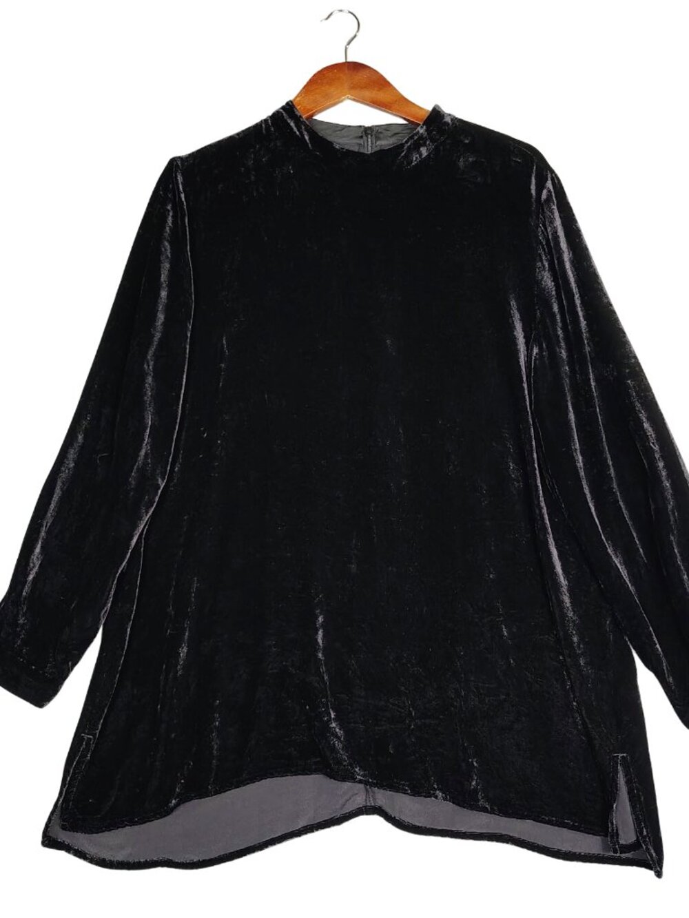 Eileen Fisher Tunic Top Women's Large Black Velvet Silk Blend Long Sleeve Modest